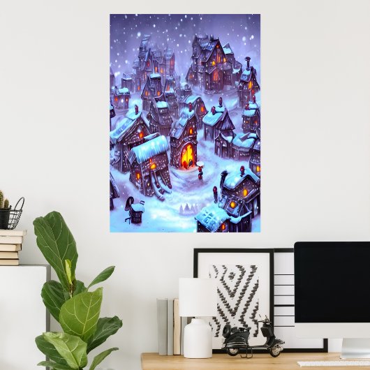 Winter in het dorp | AI Art Poster (Thuiskantoor)