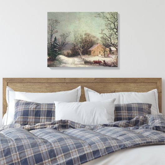 Winter in het land, Currier & Ives canvas print (Insitu (Slaapkamer))