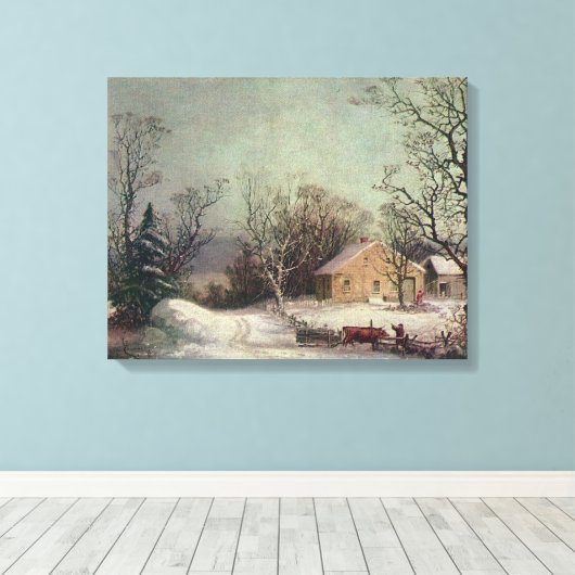 Winter in het land, Currier & Ives canvas print (Insitu (Houten vloer))
