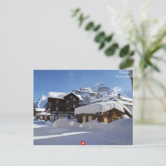 Winter in Mürren, Briefkaart Zwitserland (Staand voorkant)