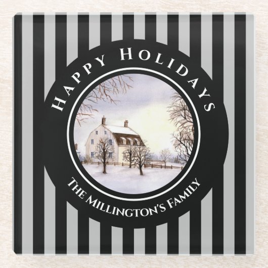 Winter in New England Kerstmis zwarte cirkel Glazen Onderzetter (Voorkant)