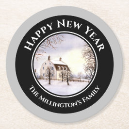 Winter in New England Kerstmis zwarte cirkel Ronde Kartonnen Onderzetter