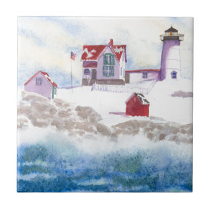 winter in Nubble LIghthouse in Maine Ceramic Tegel Tegeltje