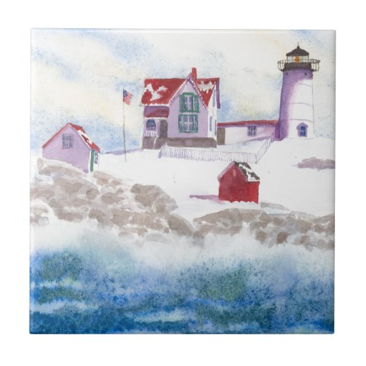 winter in Nubble LIghthouse in Maine Ceramic Tegel Tegeltje (Voorkant)