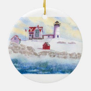 winter in Nubble LIghthouse in Maine Keramisch Ornament