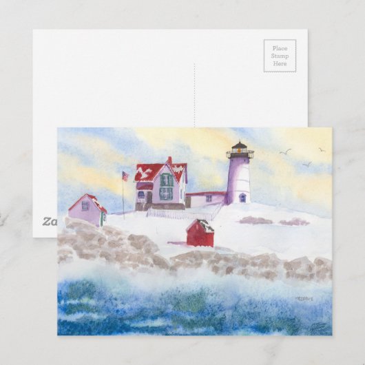 winter in Nubble LIghthouse op Maine Post Card Briefkaart (Voorkant / Achterkant)