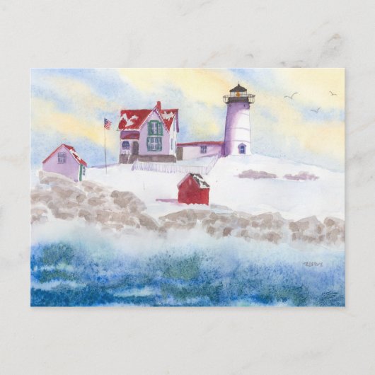 winter in Nubble LIghthouse op Maine Post Card Briefkaart (Voorkant)