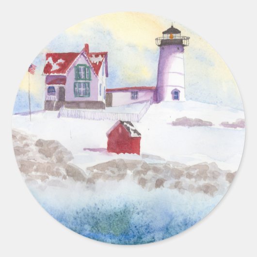 Winter in Nubble LIghthouse op Maine Ronde Sticker (Voorkant)