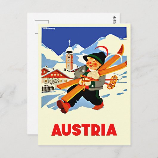 Winter in Oostenrijk. Gelukkig man gaat skiën Briefkaart (Voorkant / Achterkant)