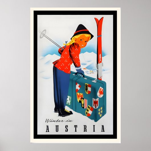 Winter in Oostenrijk Vintage Ski Poster - Ingelijs (Voorkant)