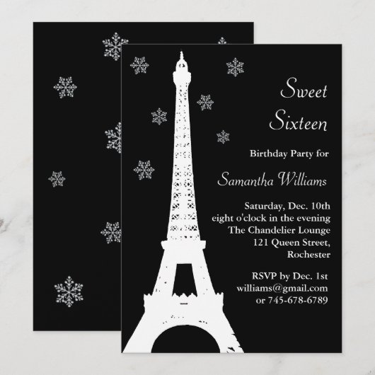 Winter in Parijs Birthday Invite black Kaart (Voorkant / Achterkant)