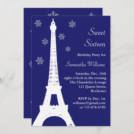 Winter in Parijs Birthday Invite indigo Kaart (Voorkant / Achterkant)