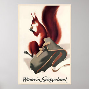 Winter in Zwitserland Eekhoorn Vintage Reizen Poster