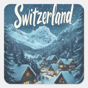 Winter in Zwitserland: Mountain Village Scene Vierkante Sticker