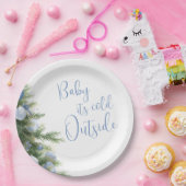 Winter It's Cold Outside Blue Bow Baby Shower Papieren Bordje (Feest)