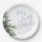 Winter It's Cold Outside Blue Bow Baby Shower Papieren Bordje (Voorkant)