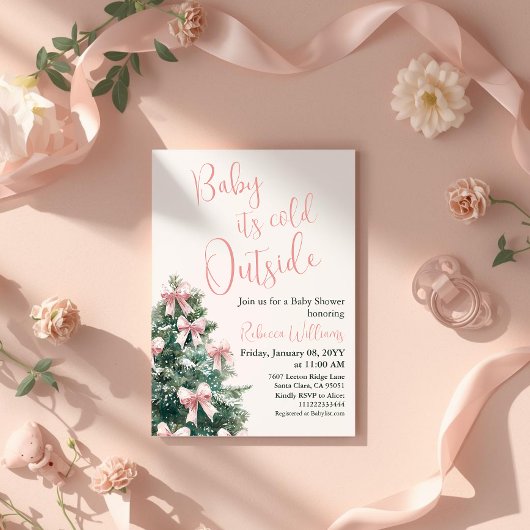 Winter It's Cold Outside Pink Bow Girl Baby Shower Kaart