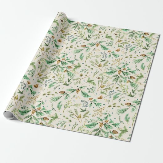 Winter Jeneverbes Pine Gift Wrap On Off White Cadeaupapier (Uitgerold)
