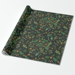 Winter Jeneverbes Pine Gift Wrap op zwarte achterg Cadeaupapier
