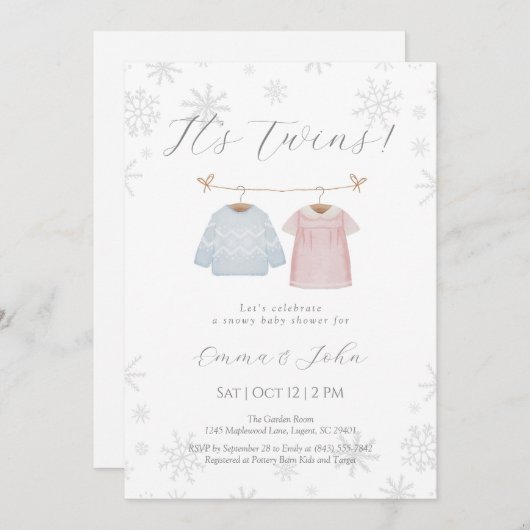 Winter Jongen en Meisje Tweeling Baby Shower Uitno Kaart (Voorkant / Achterkant)