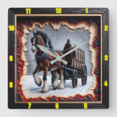 Winter Journey Charred Wood Clydesdale Vierkante Klok (Voorkant)