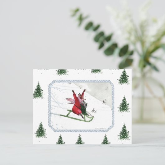 Winter Joy Fox Rabbit Tobogganing Holiday Briefkaart (Staand voorkant)