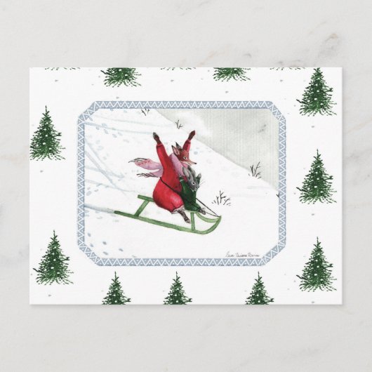 Winter Joy Fox Rabbit Tobogganing Holiday Briefkaart (Voorkant)