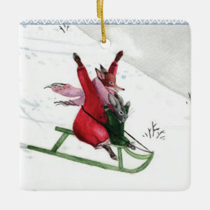 Winter Joy Fox Rabbit Tobogganing Holiday Keramisch Ornament