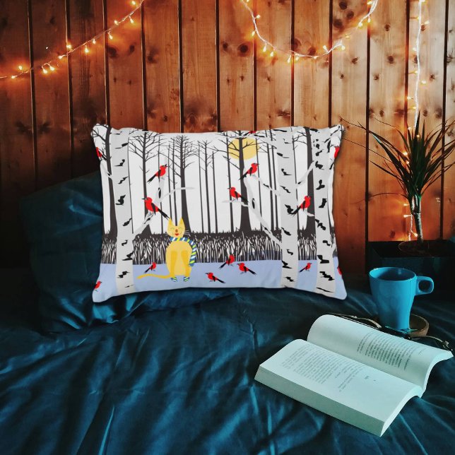 Winter Joy - Kat met sjaal Berkenbomen Kardinalen Accent Kussen (Creator heeft geüpload)