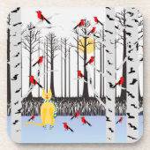 Winter Joy - Kat met sjaal Berkenbomen Kardinalen Bier Onderzetter (Voorkant)