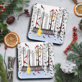 Winter Joy - Kat met sjaal Berkenbomen Kardinalen Bier Onderzetter