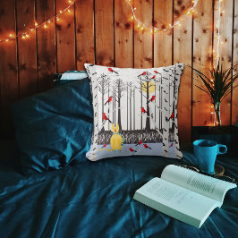 Winter Joy - Kat met sjaal Berkenbomen Kardinalen Kussen