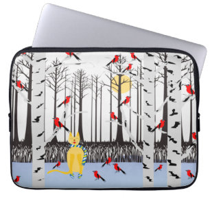 Winter Joy - Kat met sjaal Berkenbomen Kardinalen Laptop Sleeve