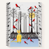 Winter Joy - Kat met sjaal Berkenbomen Kardinalen Notitieboek (Voorkant)