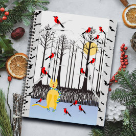 Winter Joy - Kat met sjaal Berkenbomen Kardinalen Notitieboek