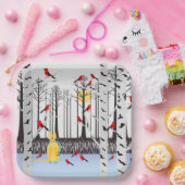 Winter Joy - Kat met sjaal Berkenbomen Kardinalen Papieren Bordje (Feest)