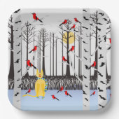 Winter Joy - Kat met sjaal Berkenbomen Kardinalen Papieren Bordje (Voorkant)