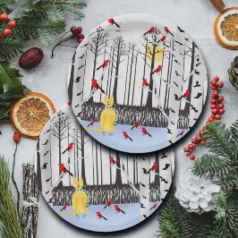 Winter Joy - Kat met sjaal Berkenbomen Kardinalen Papieren Bordje