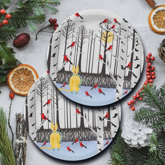 Winter Joy - Kat met sjaal Berkenbomen Kardinalen Papieren Bordje