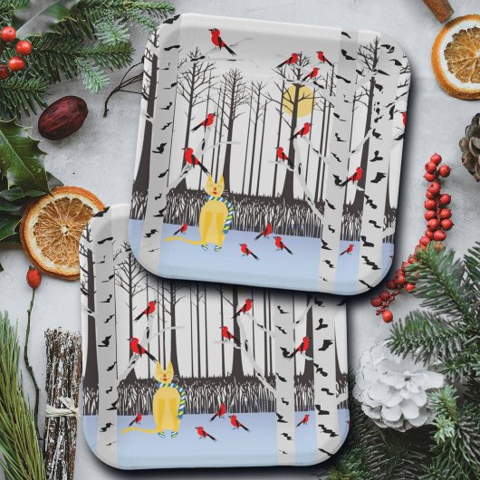 Winter Joy - Kat met sjaal Berkenbomen Kardinalen Papieren Bordje