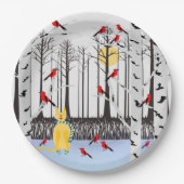 Winter Joy - Kat met sjaal Berkenbomen Kardinalen Papieren Bordje (Voorkant)