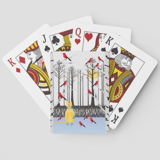 Winter Joy - Kat met sjaal Berkenbomen Kardinalen Pokerkaarten (Achterkant)