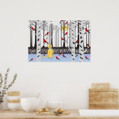 Winter Joy - Kat met sjaal Berkenbomen Kardinalen Poster (Keuken)
