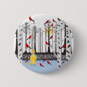 Winter Joy - Kat met sjaal Berkenbomen Kardinalen Ronde Button 5,7 Cm