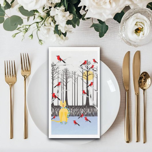 Winter Joy - Kat met sjaal Berkenbomen Kardinalen Servet