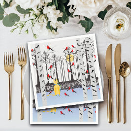 Winter Joy - Kat met sjaal Berkenbomen Kardinalen Servet