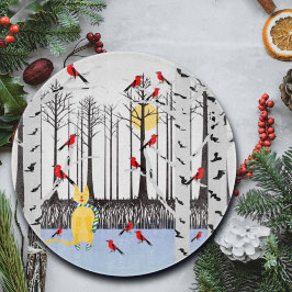 Winter Joy - Kat met sjaal Berkenbomen Kardinalen Snijplank