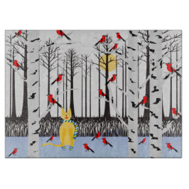 Winter Joy - Kat met sjaal Berkenbomen Kardinalen Snijplank