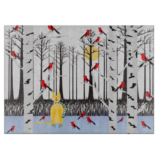 Winter Joy - Kat met sjaal Berkenbomen Kardinalen Snijplank (Voorkant)