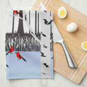 Winter Joy - Kat met sjaal Berkenbomen Kardinalen Theedoek (Quarter Fold)